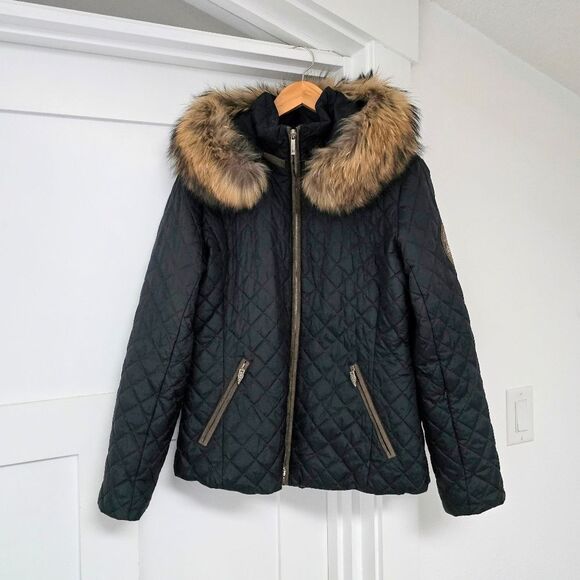 M. Miller Kristene Quilted Ulatrasuede Winter Jacket in Black Raccoon Fur Trim - Picture 1 of 16